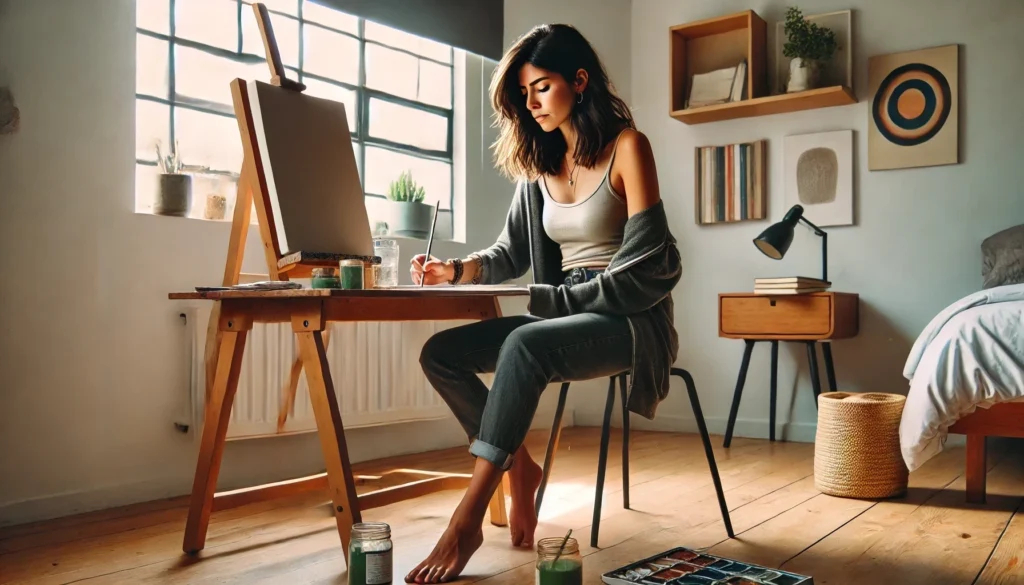 señora aprendiendo la pintura en un día feriado