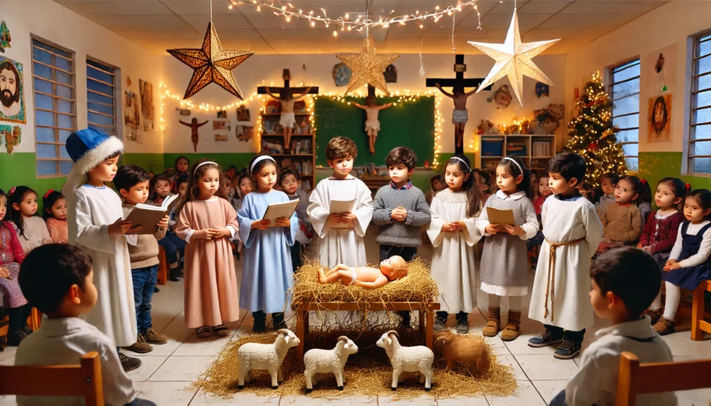 niños recreando el nacimiento de Jesús
