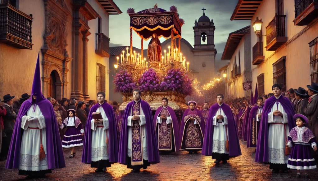 procesión en morado durante las celebraciones de Semana Santa