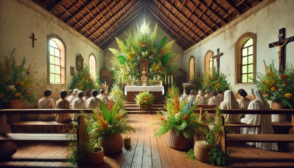 iglesia adornando sus altares con plantas verdes y flores del campo