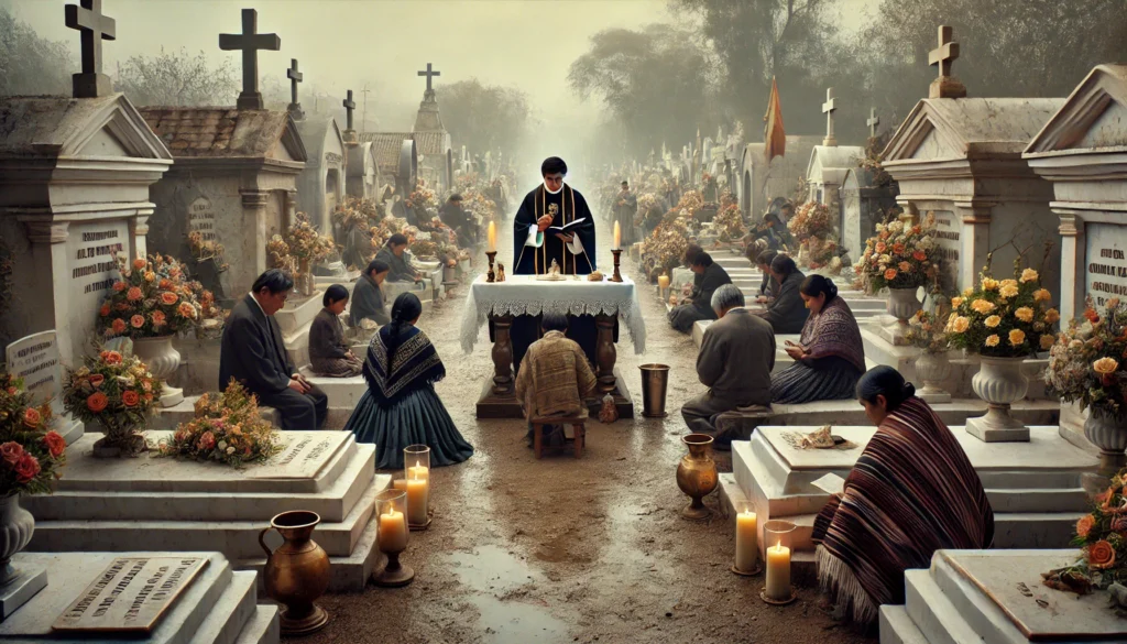 sacerdote vestido en negro en el cementerio