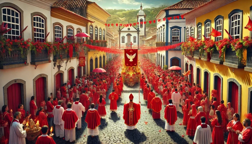 fieles cristianos vestidos en rojo en una procesión