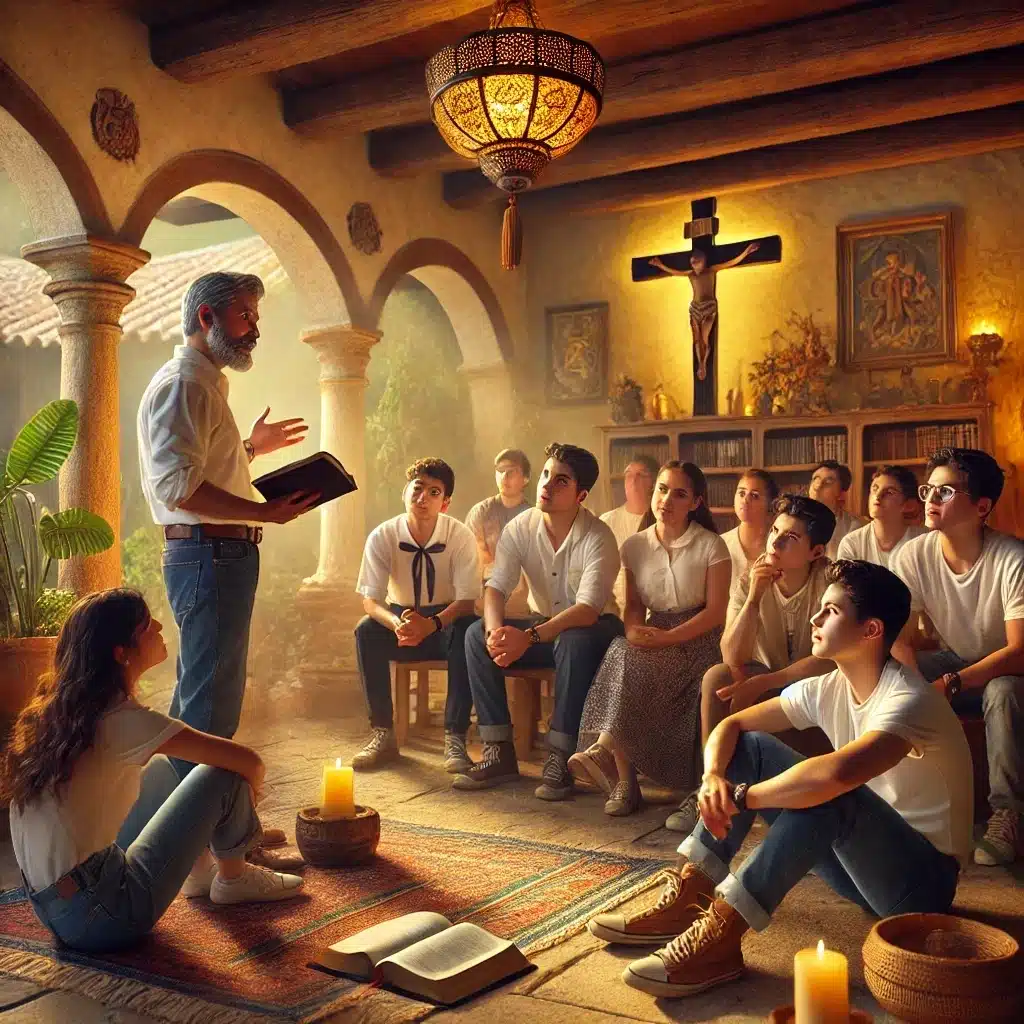 padre méxicano transmitiendo las valories de la Semana Santa a sus alumnos